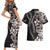 Hawaiian Tropical Flowers and Maile Pikake Couples Matching Short Sleeve Bodycon Dress and Hawaiian Shirt Polynesian Tribal Pattern Grayscale Mode