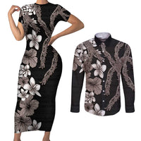 Hawaiian Tropical Flowers and Maile Pikake Couples Matching Short Sleeve Bodycon Dress and Long Sleeve Button Shirt Polynesian Tribal Pattern Grayscale Mode LT03 Black - Polynesian Pride