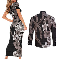 Hawaiian Tropical Flowers and Maile Pikake Couples Matching Short Sleeve Bodycon Dress and Long Sleeve Button Shirt Polynesian Tribal Pattern Grayscale Mode LT03 - Polynesian Pride