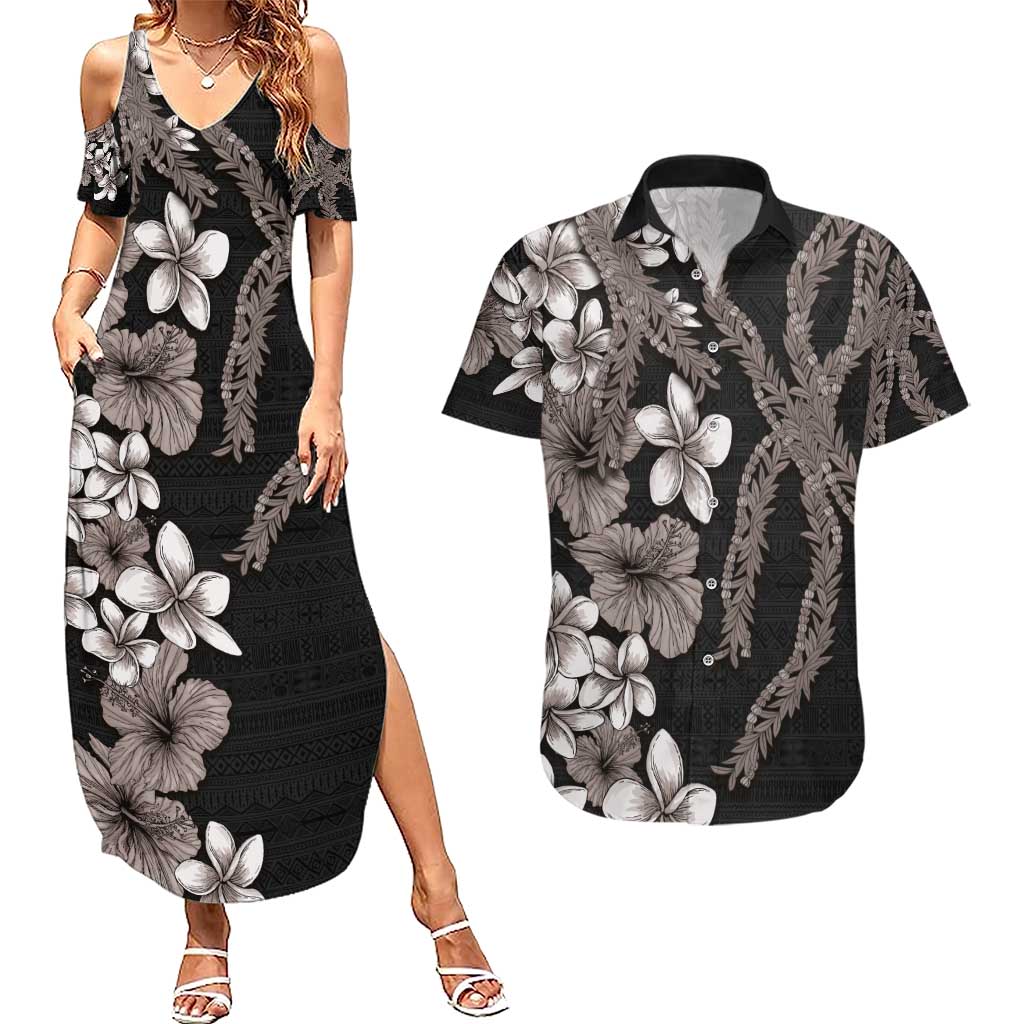 Hawaiian Tropical Flowers and Maile Pikake Couples Matching Summer Maxi Dress and Hawaiian Shirt Polynesian Tribal Pattern Grayscale Mode