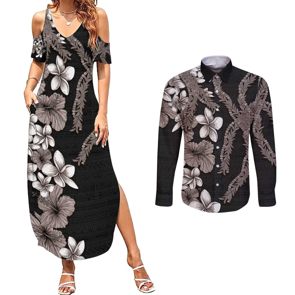 Hawaiian Tropical Flowers and Maile Pikake Couples Matching Summer Maxi Dress and Long Sleeve Button Shirt Polynesian Tribal Pattern Grayscale Mode