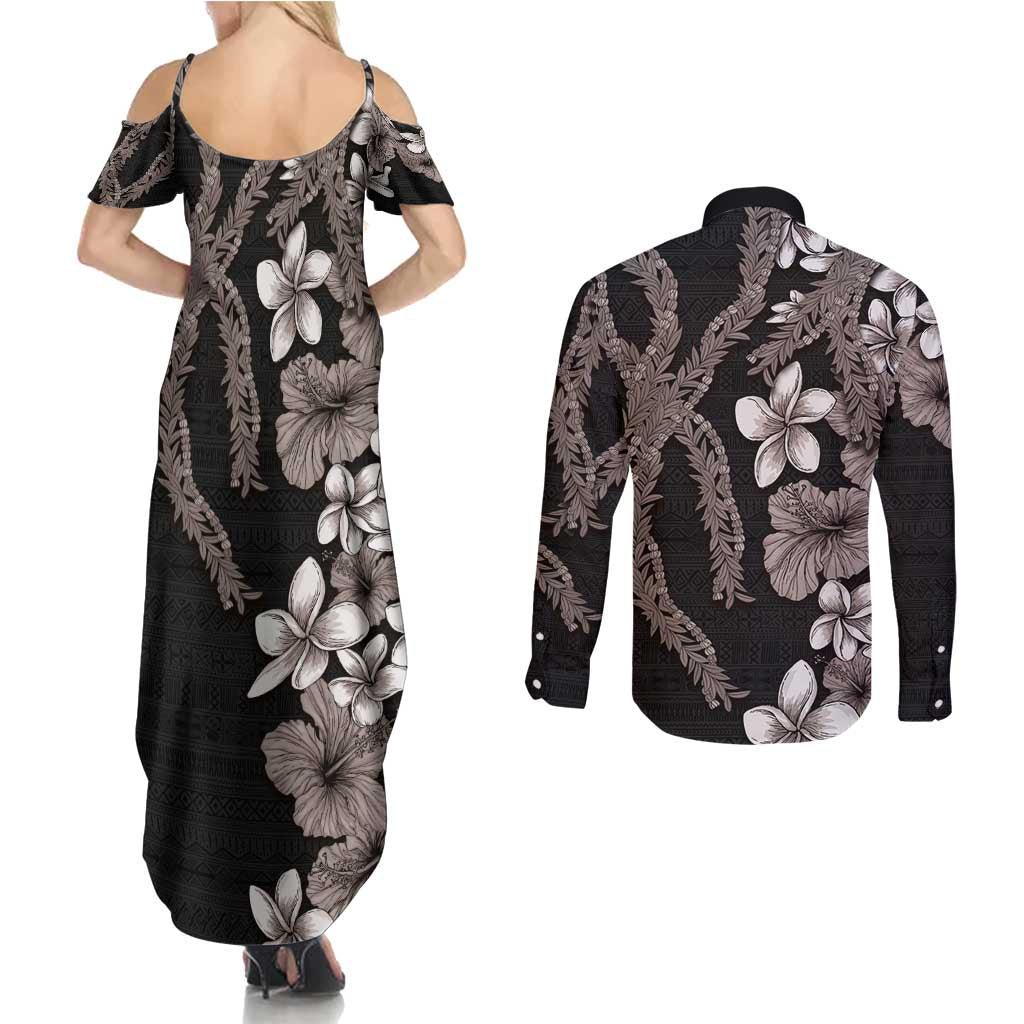 Hawaiian Tropical Flowers and Maile Pikake Couples Matching Summer Maxi Dress and Long Sleeve Button Shirt Polynesian Tribal Pattern Grayscale Mode LT03 - Polynesian Pride