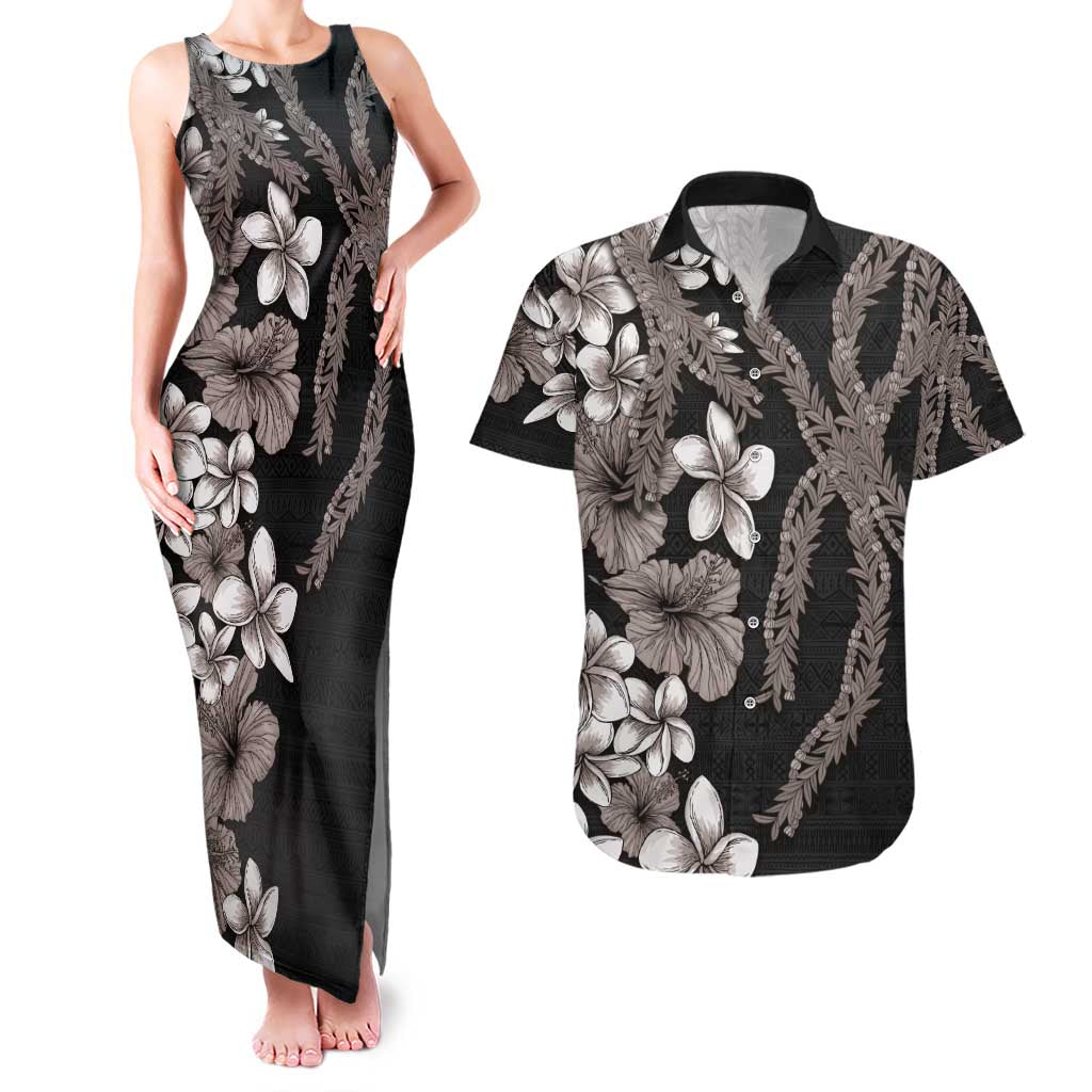 Hawaiian Tropical Flowers and Maile Pikake Couples Matching Tank Maxi Dress and Hawaiian Shirt Polynesian Tribal Pattern Grayscale Mode