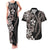 Hawaiian Tropical Flowers and Maile Pikake Couples Matching Tank Maxi Dress and Hawaiian Shirt Polynesian Tribal Pattern Grayscale Mode