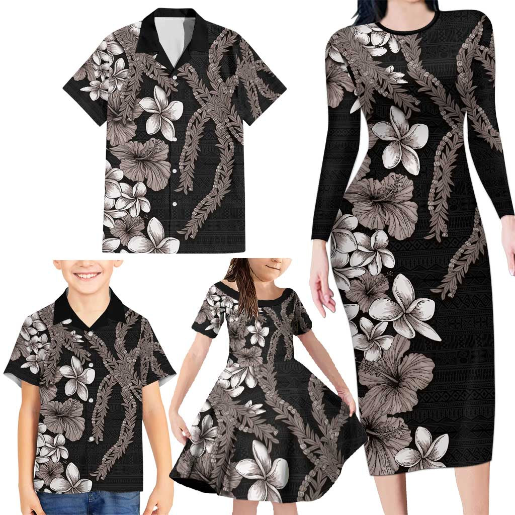 Hawaiian Tropical Flowers and Maile Pikake Family Matching Long Sleeve Bodycon Dress and Hawaiian Shirt Polynesian Tribal Pattern Grayscale Mode