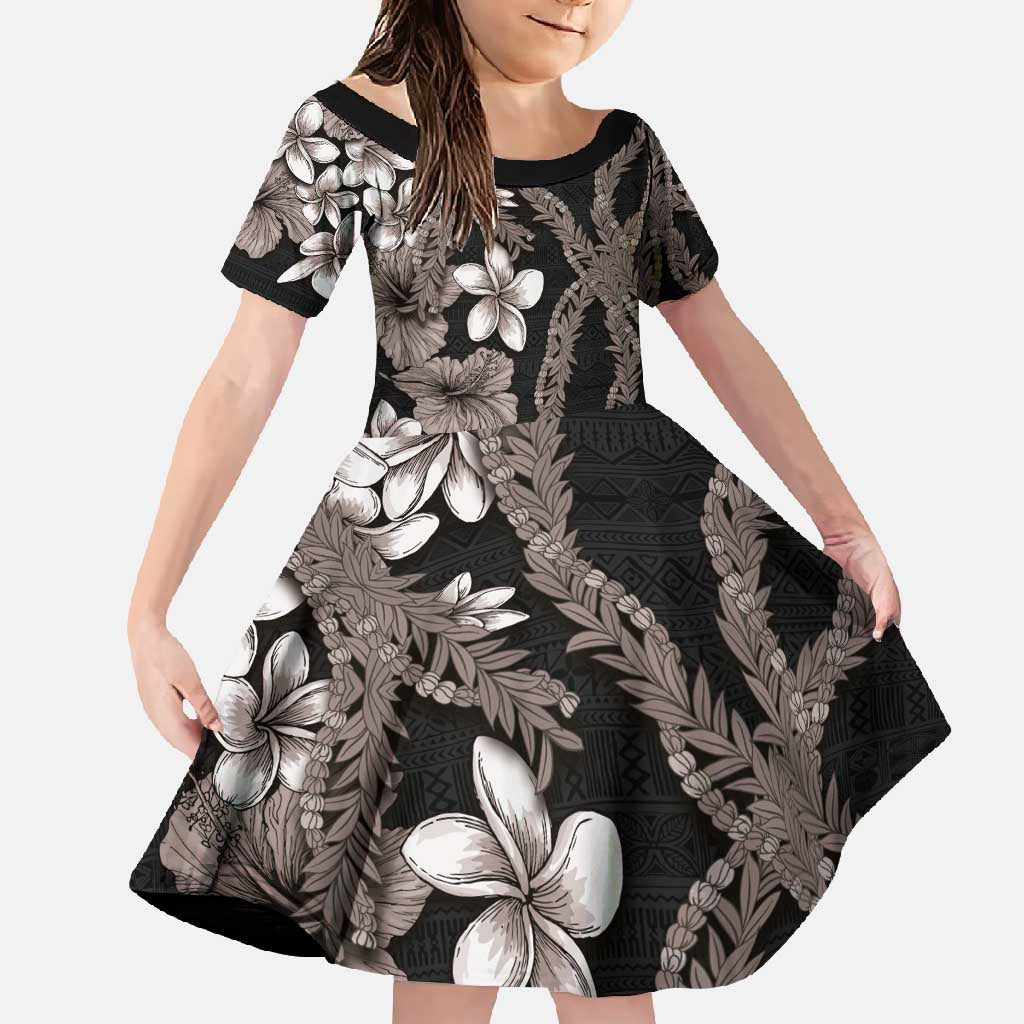 Hawaiian Tropical Flowers and Maile Pikake Family Matching Mermaid Dress and Hawaiian Shirt Polynesian Tribal Pattern Grayscale Mode LT03 Daughter's Dress Black - Polynesian Pride
