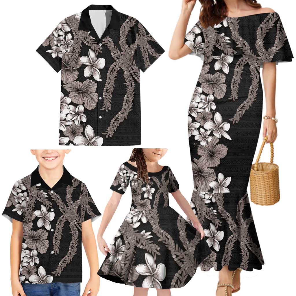 Hawaiian Tropical Flowers and Maile Pikake Family Matching Mermaid Dress and Hawaiian Shirt Polynesian Tribal Pattern Grayscale Mode