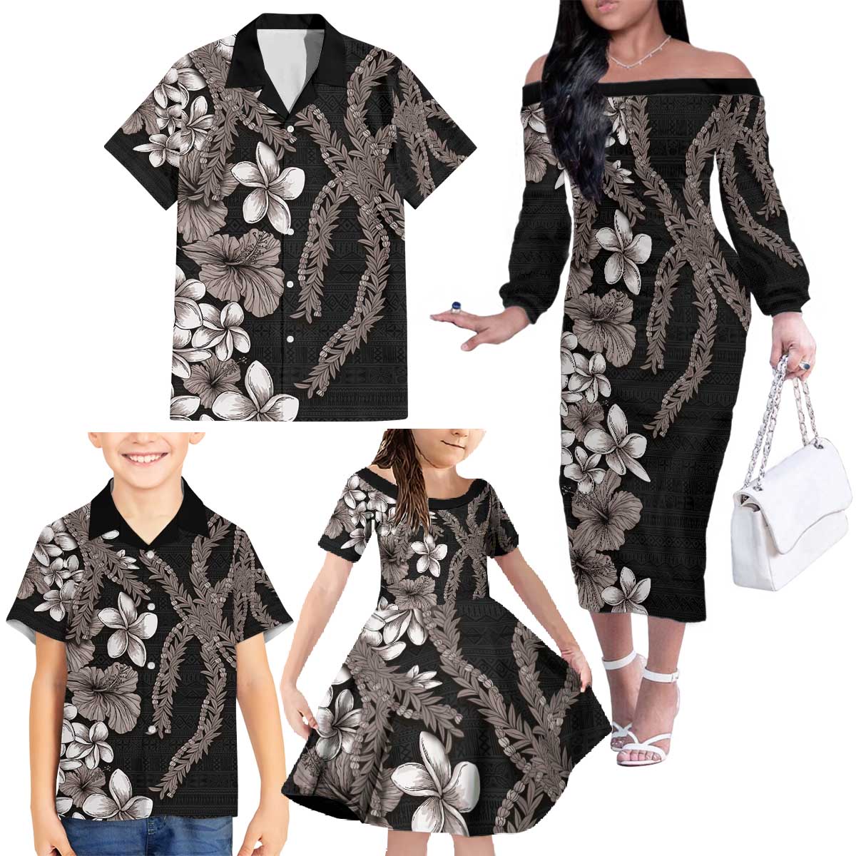 Hawaiian Tropical Flowers and Maile Pikake Family Matching Off The Shoulder Long Sleeve Dress and Hawaiian Shirt Polynesian Tribal Pattern Grayscale Mode