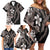 Hawaiian Tropical Flowers and Maile Pikake Family Matching Off Shoulder Short Dress and Hawaiian Shirt Polynesian Tribal Pattern Grayscale Mode LT03