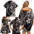 Hawaiian Tropical Flowers and Maile Pikake Family Matching Off Shoulder Short Dress and Hawaiian Shirt Polynesian Tribal Pattern Grayscale Mode LT03