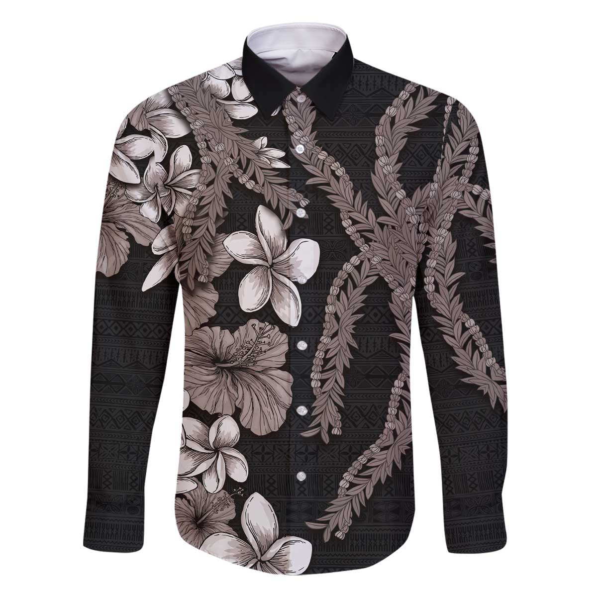 Hawaiian Tropical Flowers and Maile Pikake Family Matching Off Shoulder Short Dress and Hawaiian Shirt Polynesian Tribal Pattern Grayscale Mode