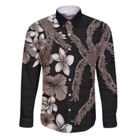 Hawaiian Tropical Flowers and Maile Pikake Family Matching Off Shoulder Short Dress and Hawaiian Shirt Polynesian Tribal Pattern Grayscale Mode