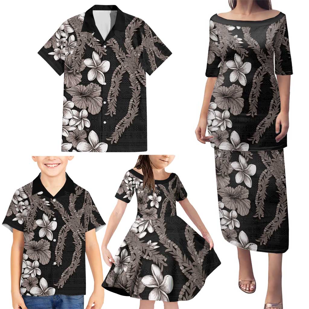 Hawaiian Tropical Flowers and Maile Pikake Family Matching Puletasi and Hawaiian Shirt Polynesian Tribal Pattern Grayscale Mode