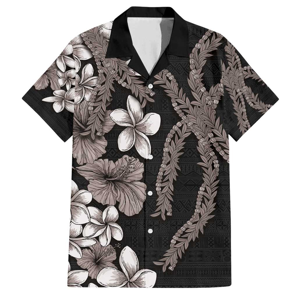 Hawaiian Tropical Flowers and Maile Pikake Family Matching Puletasi and Hawaiian Shirt Polynesian Tribal Pattern Grayscale Mode LT03 Dad's Shirt - Short Sleeve Black - Polynesian Pride