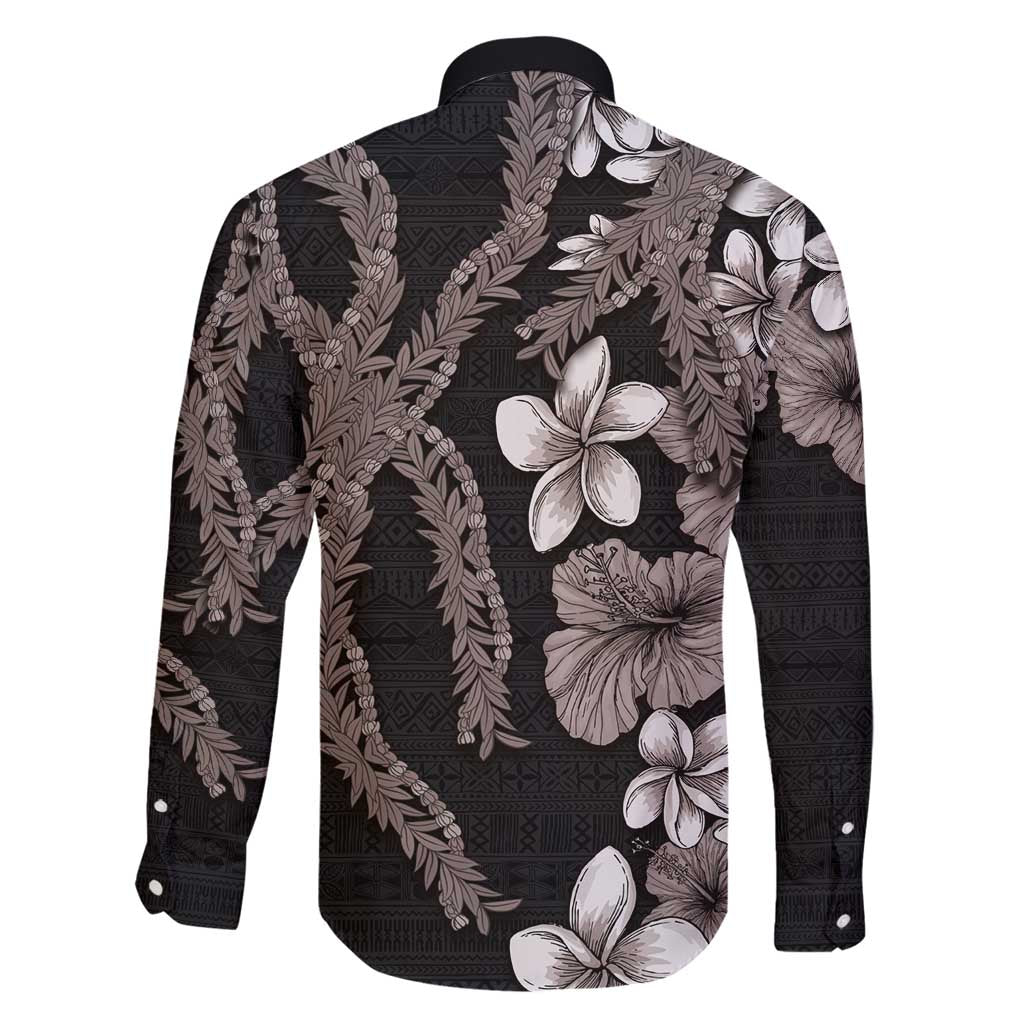 Hawaiian Tropical Flowers and Maile Pikake Family Matching Puletasi and Hawaiian Shirt Polynesian Tribal Pattern Grayscale Mode LT03 - Polynesian Pride