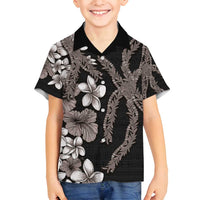 Hawaiian Tropical Flowers and Maile Pikake Family Matching Puletasi and Hawaiian Shirt Polynesian Tribal Pattern Grayscale Mode LT03 Son's Shirt Black - Polynesian Pride