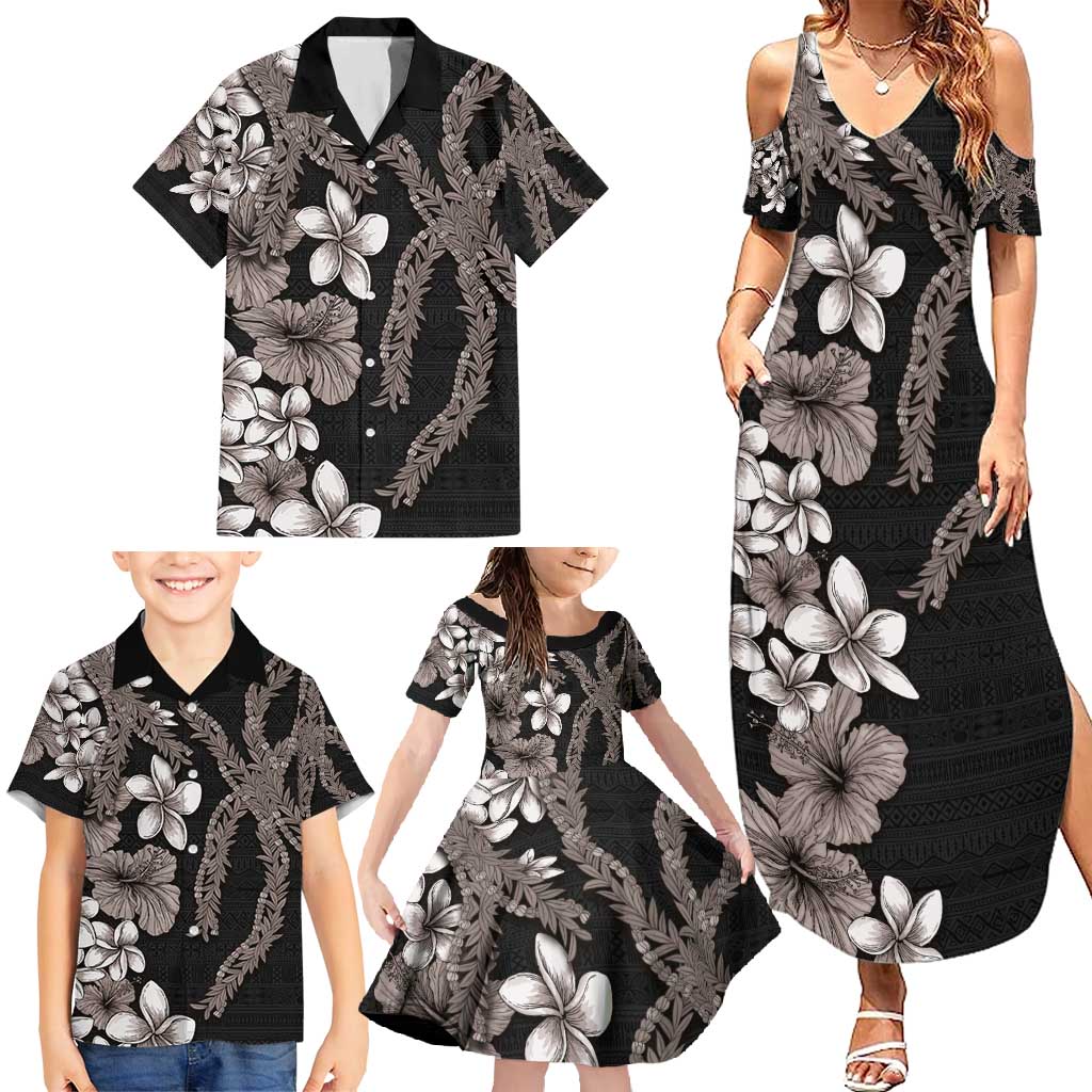 Hawaiian Tropical Flowers and Maile Pikake Family Matching Summer Maxi Dress and Hawaiian Shirt Polynesian Tribal Pattern Grayscale Mode