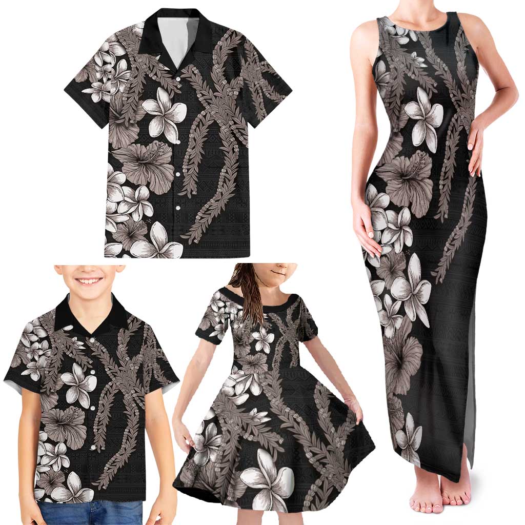 Hawaiian Tropical Flowers and Maile Pikake Family Matching Tank Maxi Dress and Hawaiian Shirt Polynesian Tribal Pattern Grayscale Mode