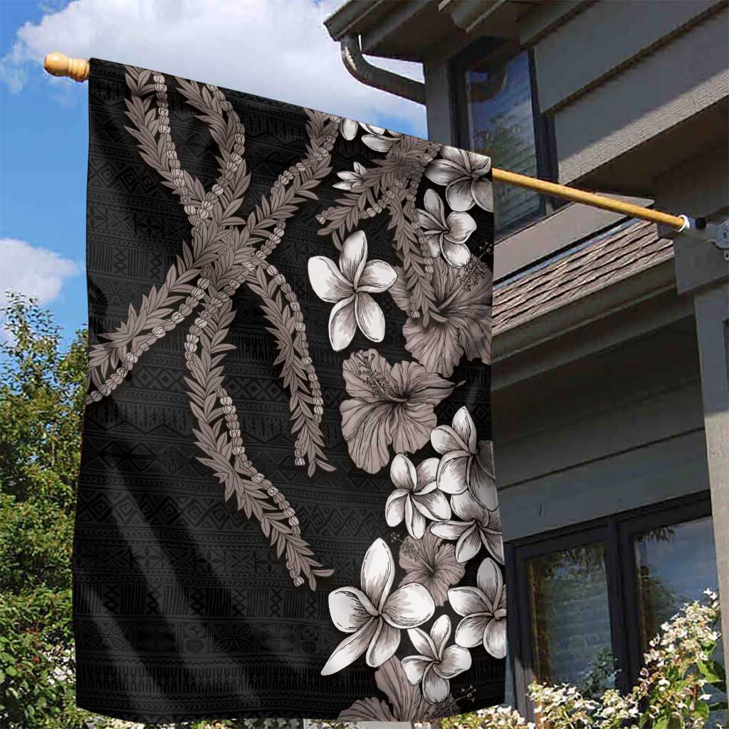 Hawaiian Tropical Flowers and Maile Pikake Garden Flag Polynesian Tribal Pattern Grayscale Mode LT03 - Polynesian Pride