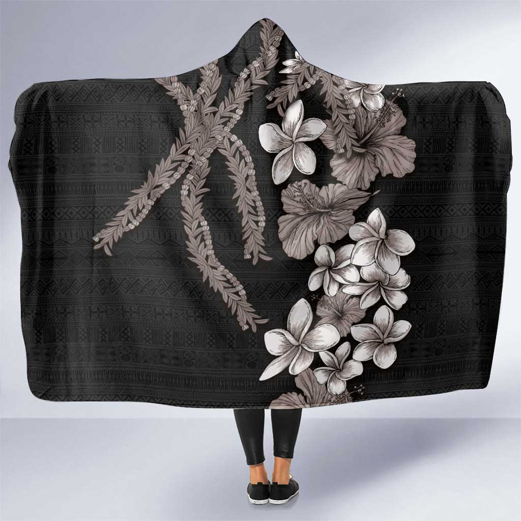 Hawaiian Tropical Flowers and Maile Pikake Hooded Blanket Polynesian Tribal Pattern Grayscale Mode LT03 One Size Black - Polynesian Pride