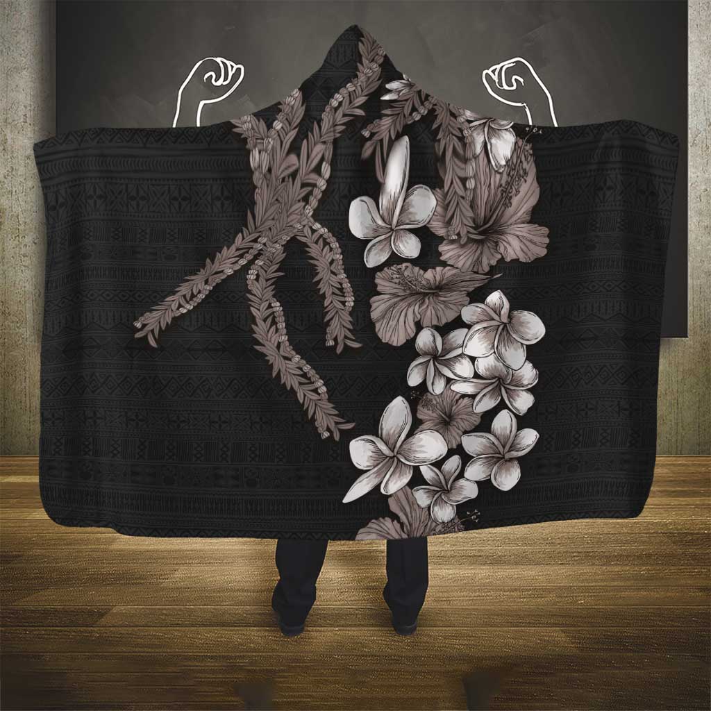 Hawaiian Tropical Flowers and Maile Pikake Hooded Blanket Polynesian Tribal Pattern Grayscale Mode LT03 - Polynesian Pride
