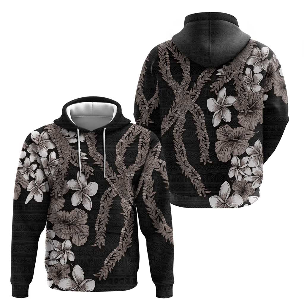 Hawaiian Tropical Flowers and Maile Pikake Hoodie Polynesian Tribal Pattern Grayscale Mode