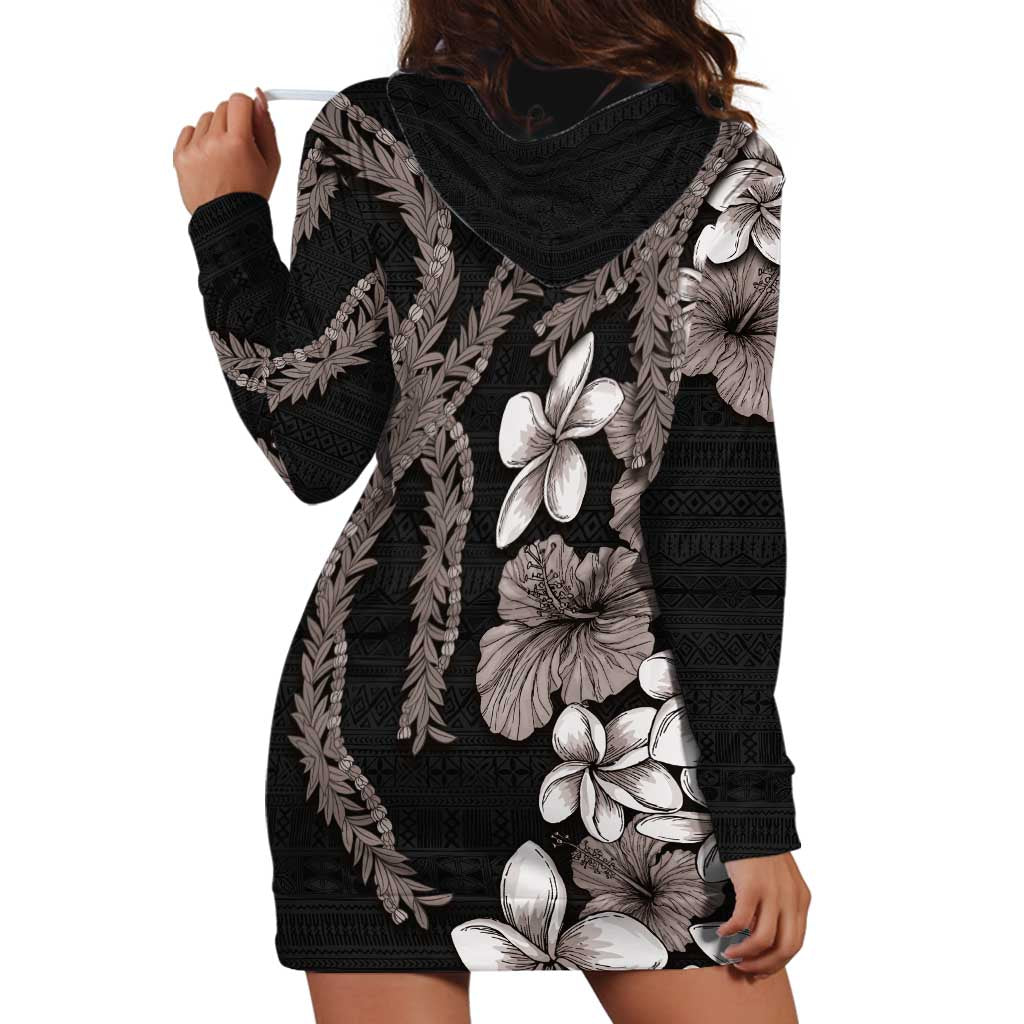 Hawaiian Tropical Flowers and Maile Pikake Hoodie Dress Polynesian Tribal Pattern Grayscale Mode LT03 - Polynesian Pride