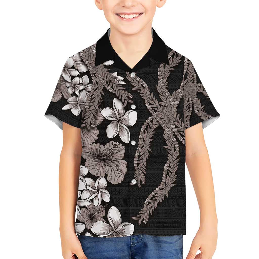 Hawaiian Tropical Flowers and Maile Pikake Kid Hawaiian Shirt Polynesian Tribal Pattern Grayscale Mode