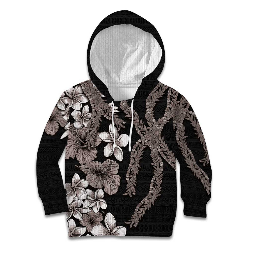 Hawaiian Tropical Flowers and Maile Pikake Kid Hoodie Polynesian Tribal Pattern Grayscale Mode