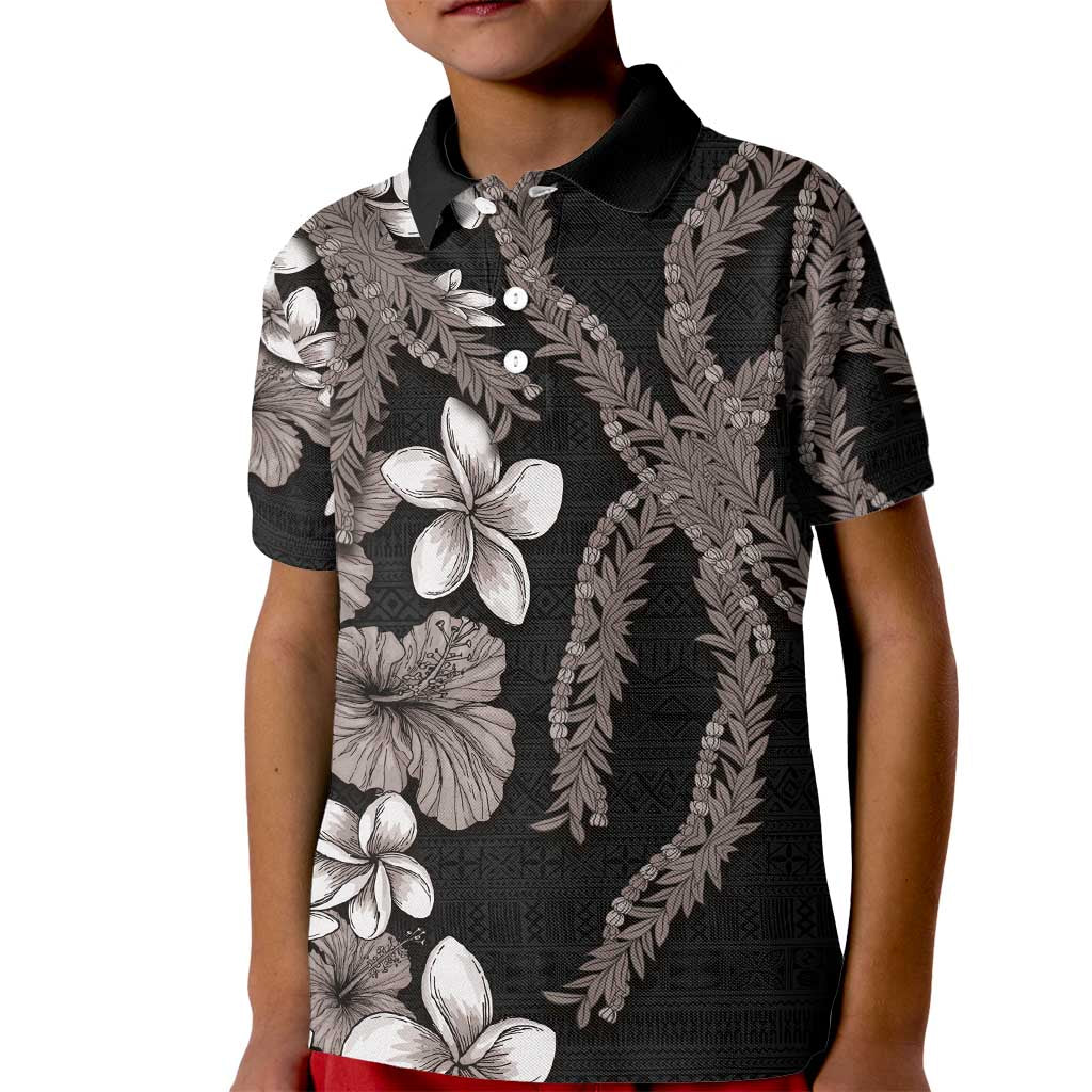 Hawaiian Tropical Flowers and Maile Pikake Kid Polo Shirt Polynesian Tribal Pattern Grayscale Mode