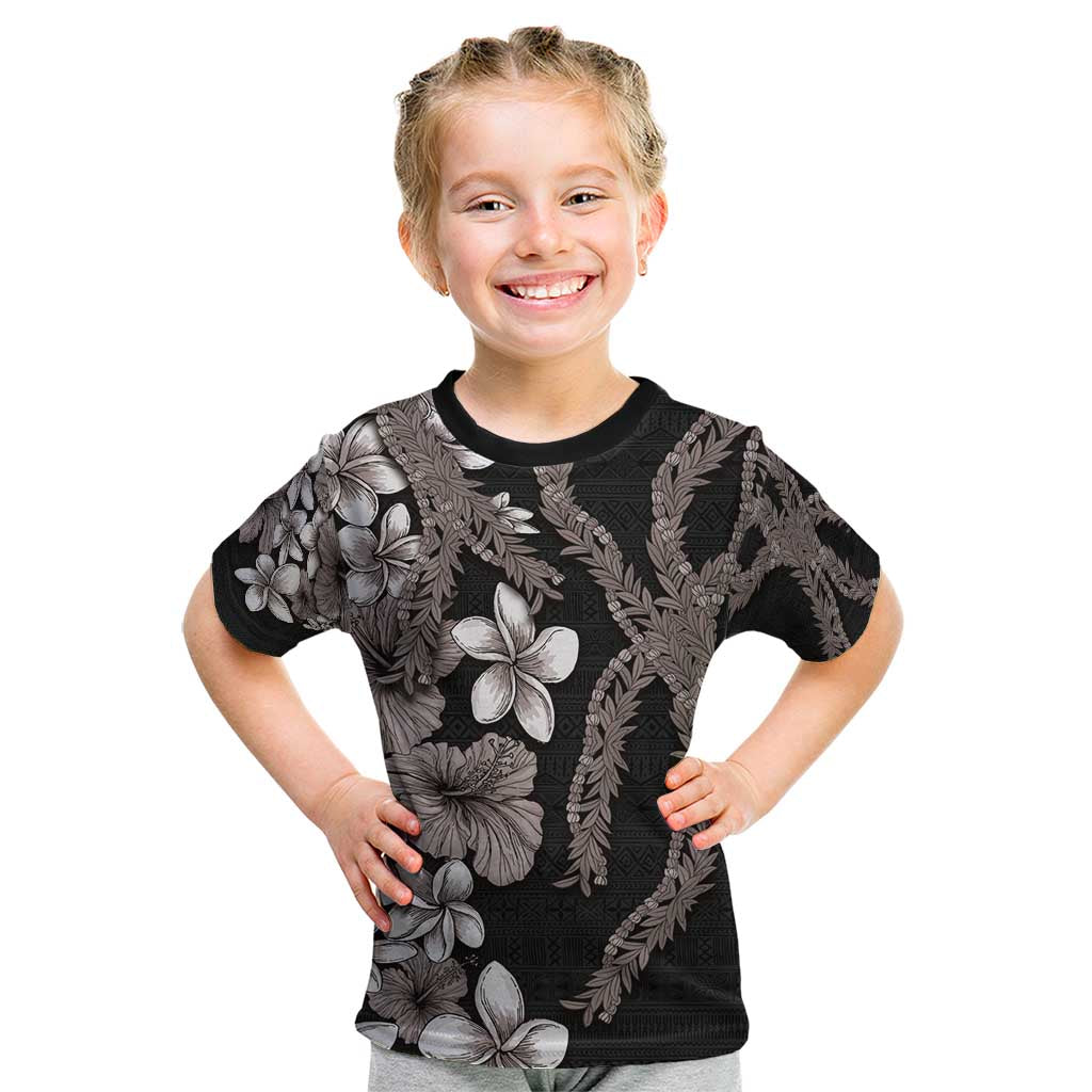 Hawaiian Tropical Flowers and Maile Pikake Kid T Shirt Polynesian Tribal Pattern Grayscale Mode