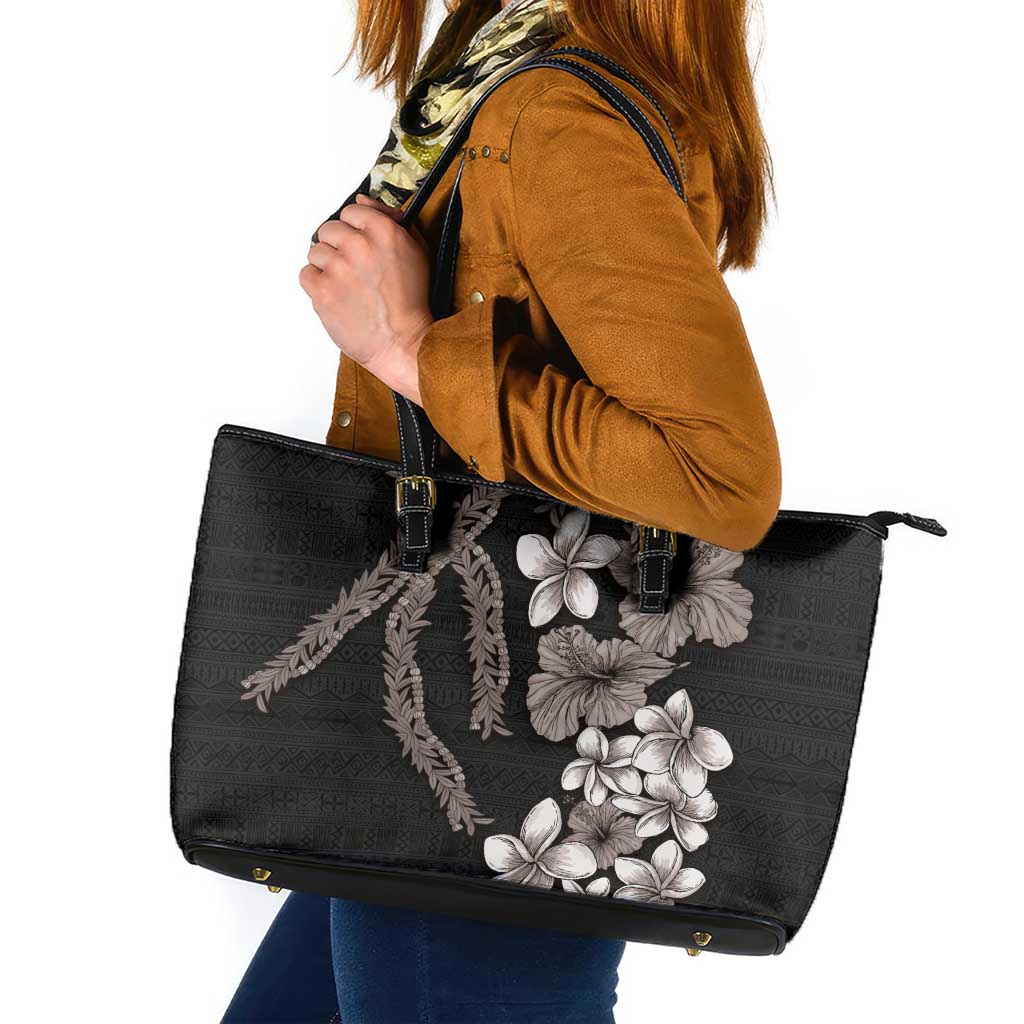 Hawaiian Tropical Flowers and Maile Pikake Leather Tote Bag Polynesian Tribal Pattern Grayscale Mode LT03 Black - Polynesian Pride