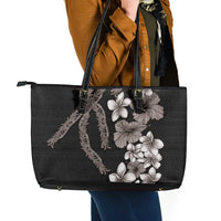 Hawaiian Tropical Flowers and Maile Pikake Leather Tote Bag Polynesian Tribal Pattern Grayscale Mode LT03 - Polynesian Pride