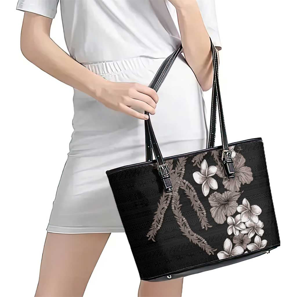 Hawaiian Tropical Flowers and Maile Pikake Leather Tote Bag Polynesian Tribal Pattern Grayscale Mode LT03 - Polynesian Pride
