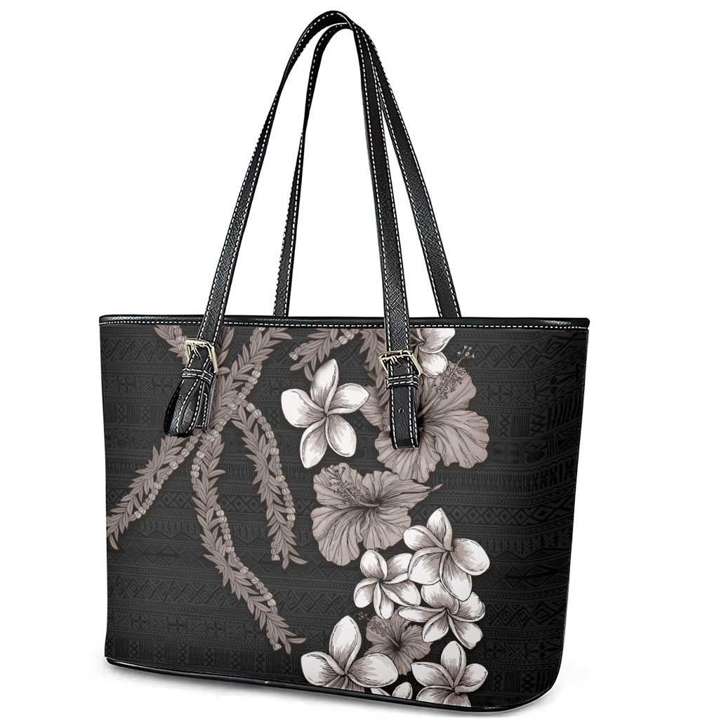 Hawaiian Tropical Flowers and Maile Pikake Leather Tote Bag Polynesian Tribal Pattern Grayscale Mode LT03 - Polynesian Pride