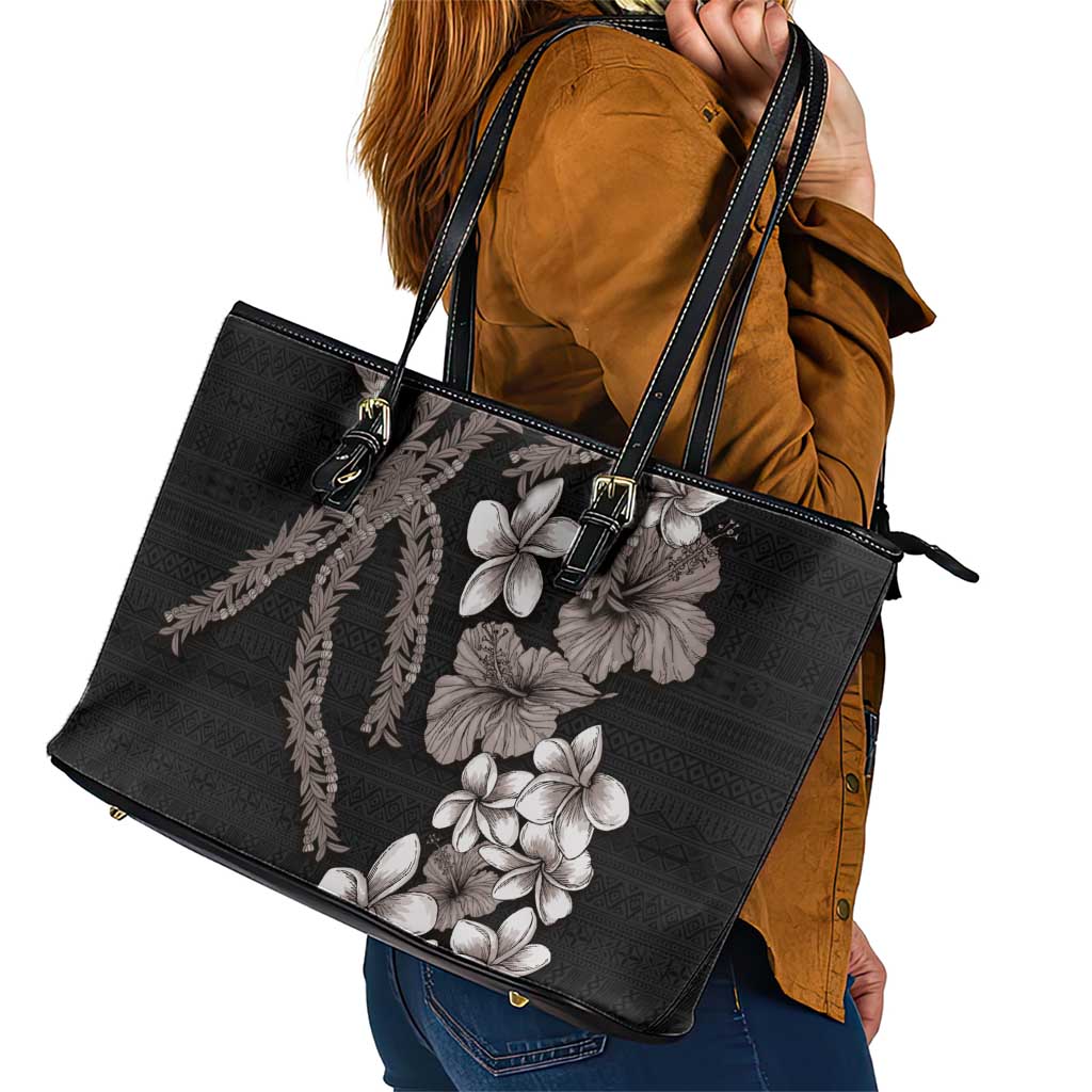Hawaiian Tropical Flowers and Maile Pikake Leather Tote Bag Polynesian Tribal Pattern Grayscale Mode LT03 - Polynesian Pride