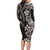 Hawaiian Tropical Flowers and Maile Pikake Long Sleeve Bodycon Dress Polynesian Tribal Pattern Grayscale Mode