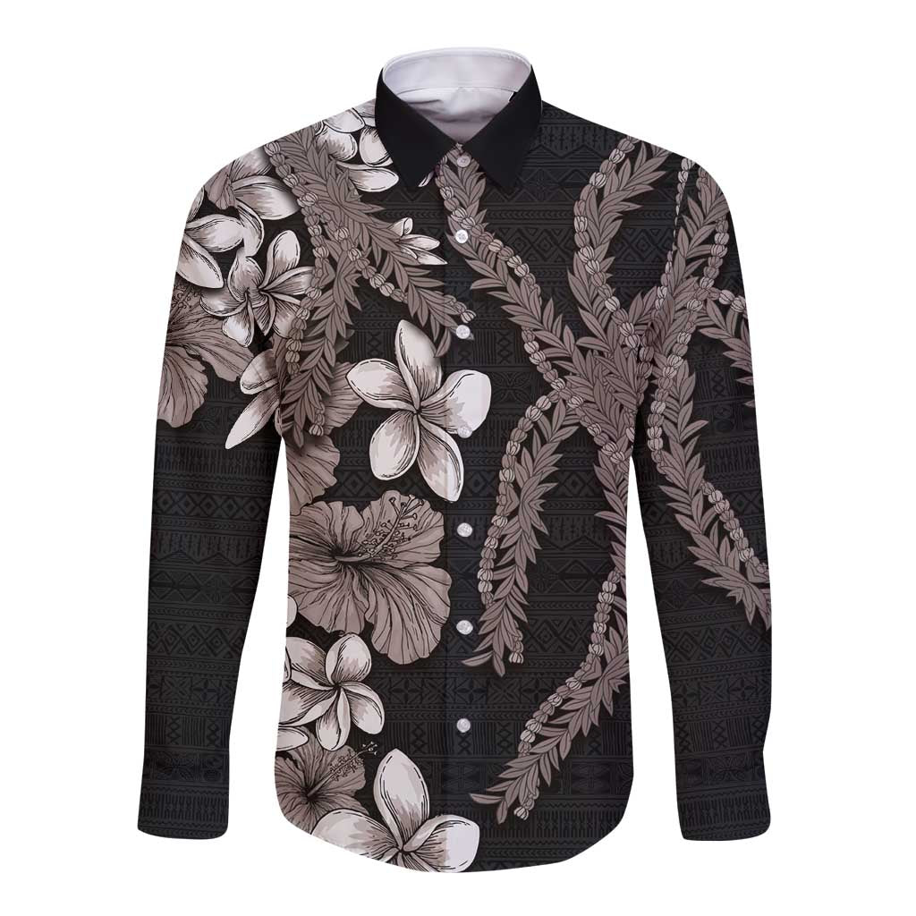 Hawaiian Tropical Flowers and Maile Pikake Long Sleeve Button Shirt Polynesian Tribal Pattern Grayscale Mode