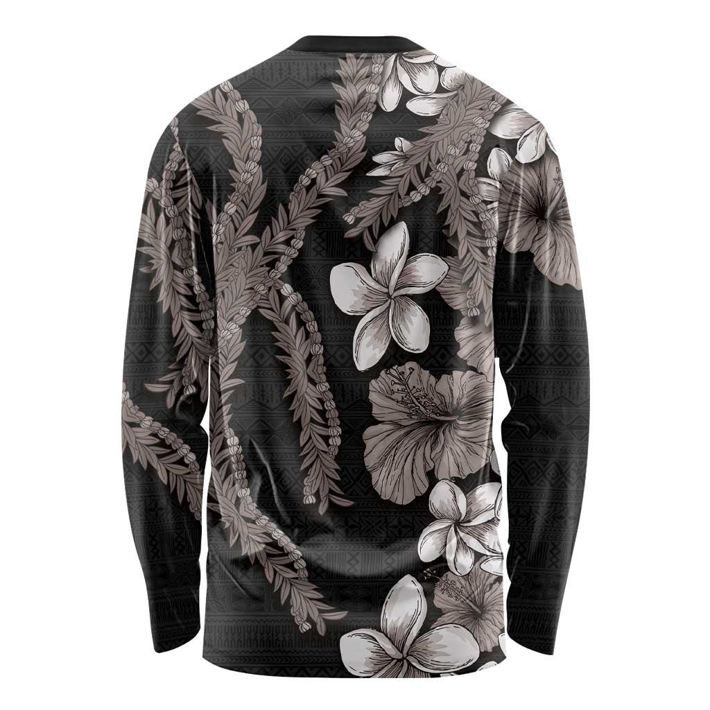 Hawaiian Tropical Flowers and Maile Pikake Long Sleeve Shirt Polynesian Tribal Pattern Grayscale Mode