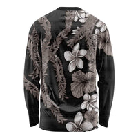 Hawaiian Tropical Flowers and Maile Pikake Long Sleeve Shirt Polynesian Tribal Pattern Grayscale Mode