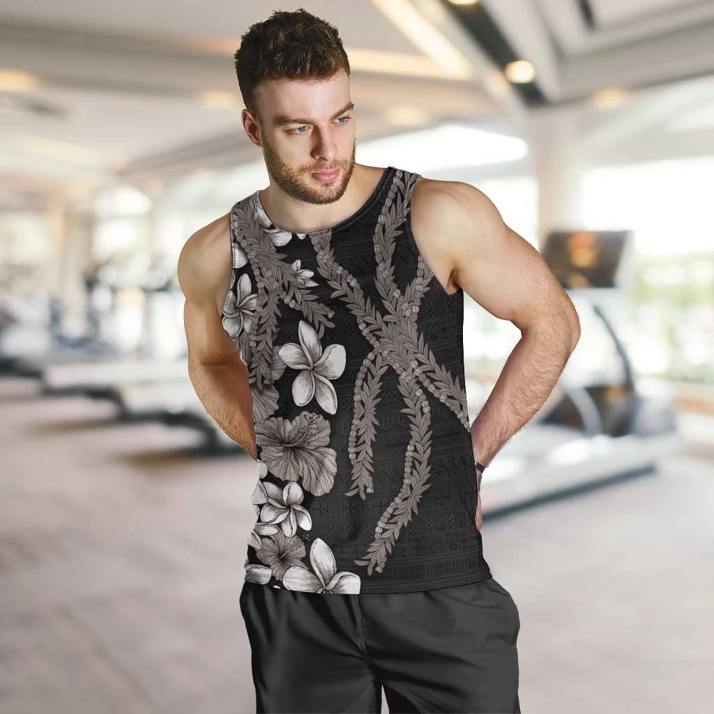 Hawaiian Tropical Flowers and Maile Pikake Men Tank Top Polynesian Tribal Pattern Grayscale Mode LT03 Black - Polynesian Pride