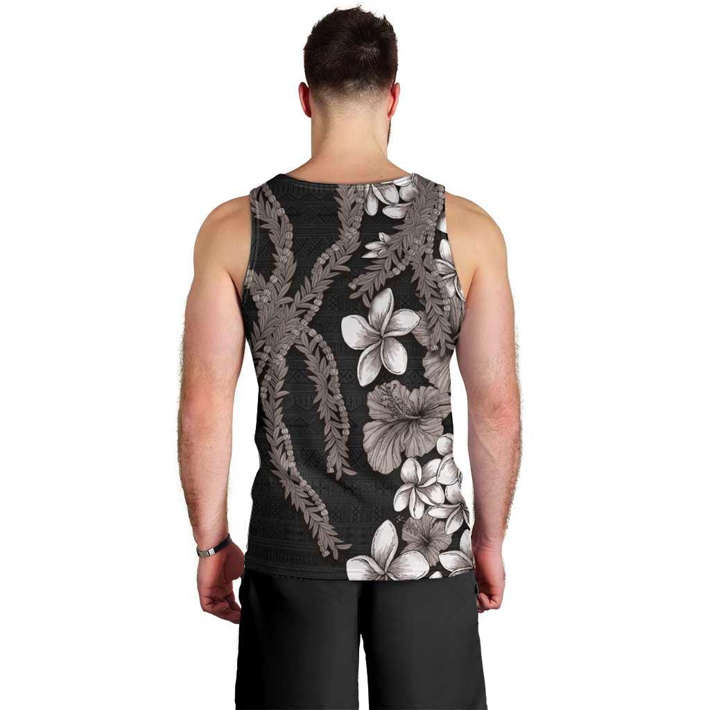 Hawaiian Tropical Flowers and Maile Pikake Men Tank Top Polynesian Tribal Pattern Grayscale Mode LT03 - Polynesian Pride