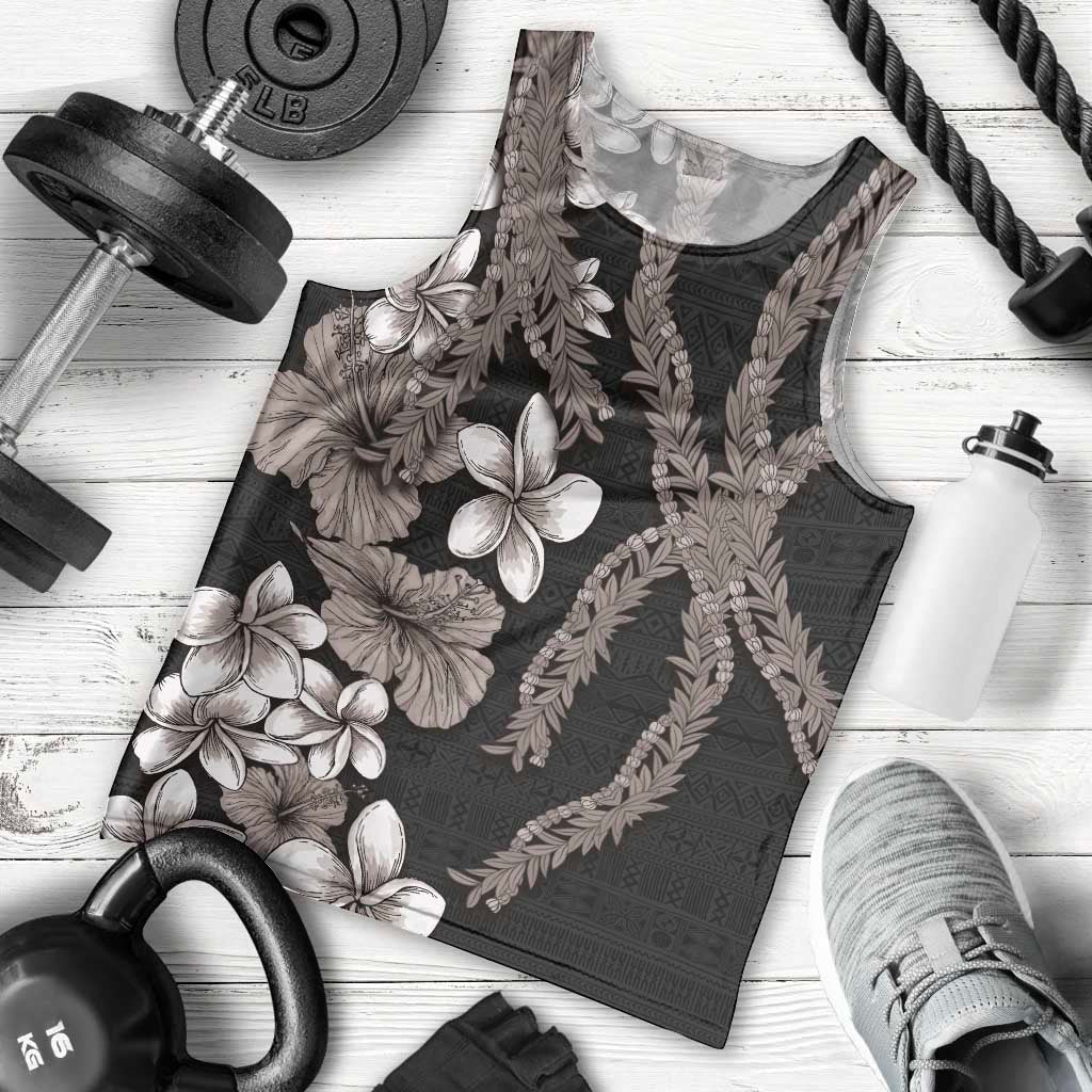 Hawaiian Tropical Flowers and Maile Pikake Men Tank Top Polynesian Tribal Pattern Grayscale Mode LT03 - Polynesian Pride