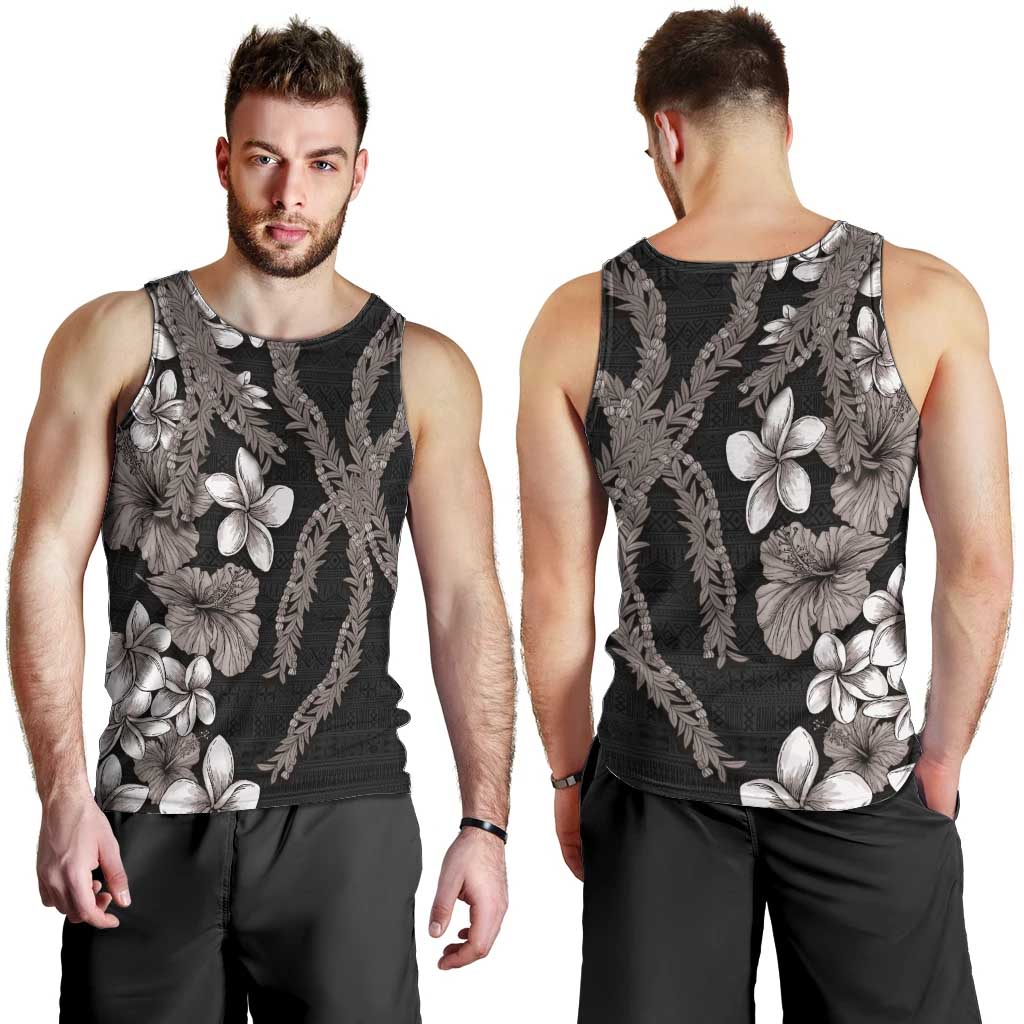 Hawaiian Tropical Flowers and Maile Pikake Men Tank Top Polynesian Tribal Pattern Grayscale Mode LT03 - Polynesian Pride