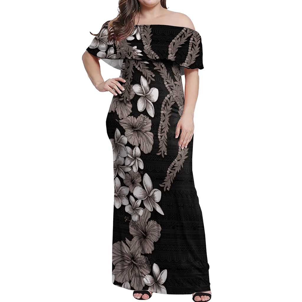 Hawaiian Tropical Flowers and Maile Pikake Off Shoulder Maxi Dress Polynesian Tribal Pattern Grayscale Mode LT03 Women Black - Polynesian Pride