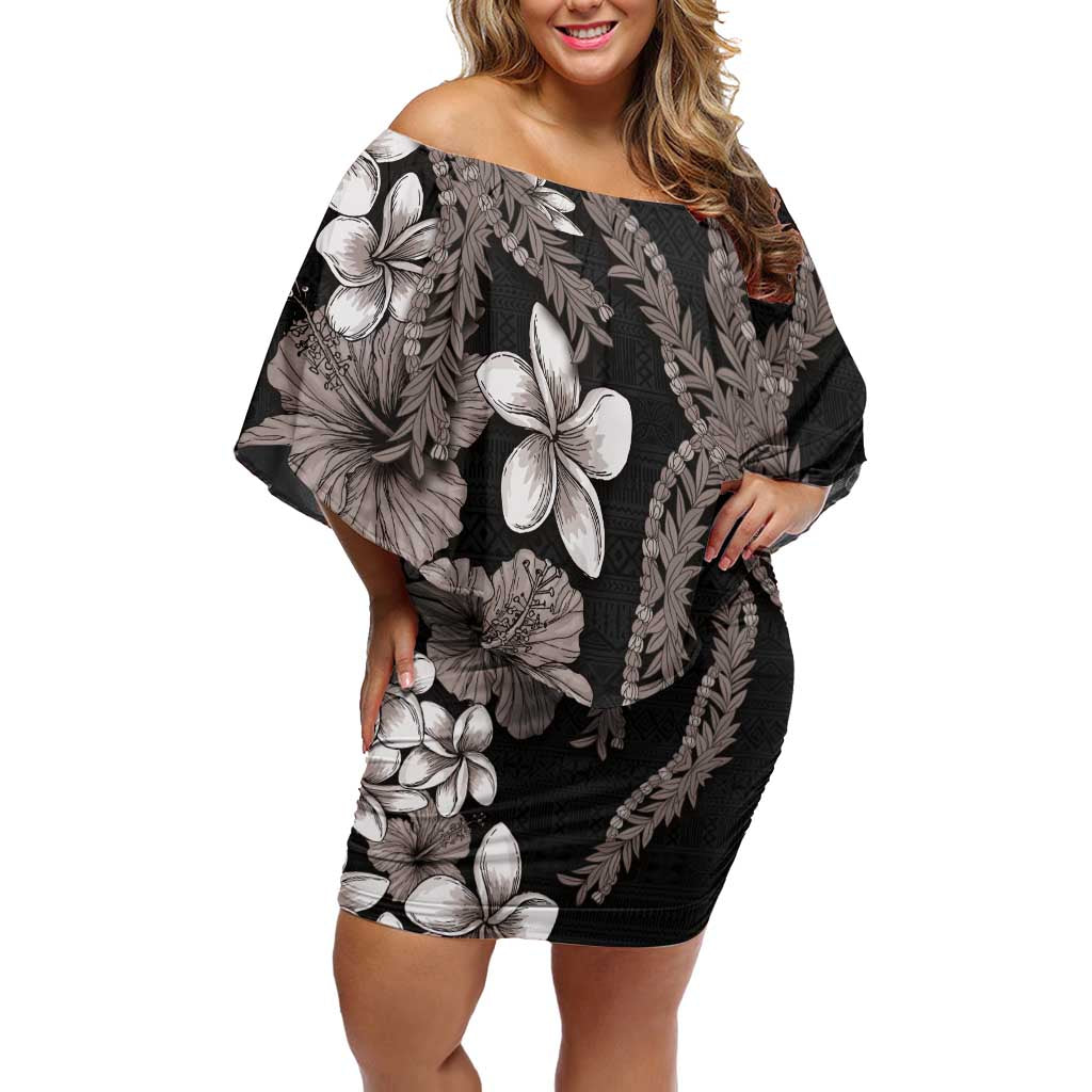 Hawaiian Tropical Flowers and Maile Pikake Off Shoulder Short Dress Polynesian Tribal Pattern Grayscale Mode LT03 Women Black - Polynesian Pride