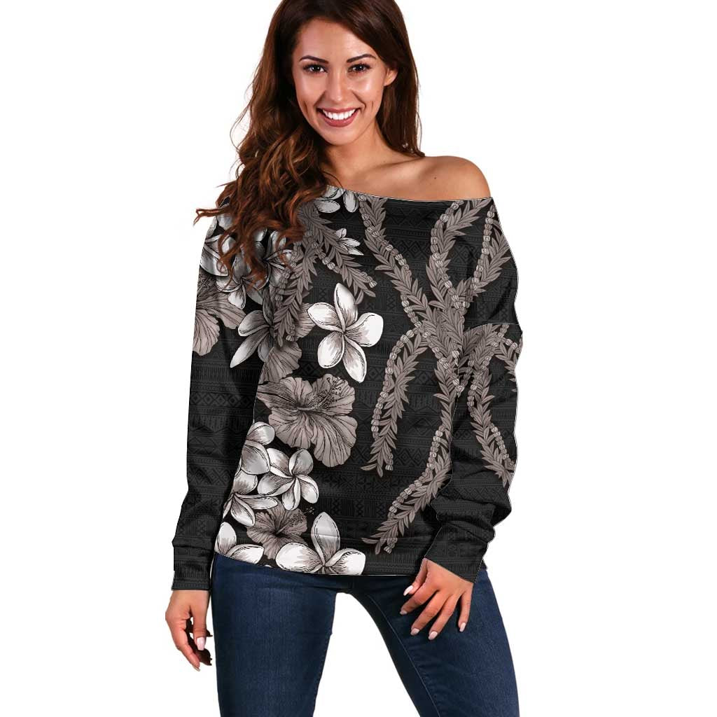 Hawaiian Tropical Flowers and Maile Pikake Off Shoulder Sweater Polynesian Tribal Pattern Grayscale Mode