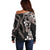 Hawaiian Tropical Flowers and Maile Pikake Off Shoulder Sweater Polynesian Tribal Pattern Grayscale Mode