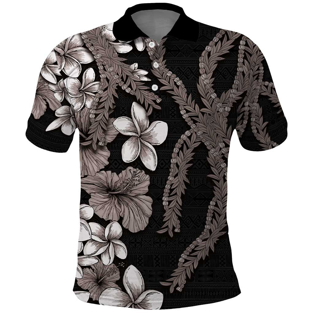 Hawaiian Tropical Flowers and Maile Pikake Polo Shirt Polynesian Tribal Pattern Grayscale Mode