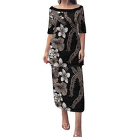 Hawaiian Tropical Flowers and Maile Pikake Puletasi Polynesian Tribal Pattern Grayscale Mode LT03 Long Dress Black - Polynesian Pride